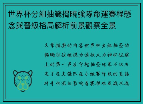 世界杯分組抽籤揭曉強隊命運賽程懸念與晉級格局解析前景觀察全景